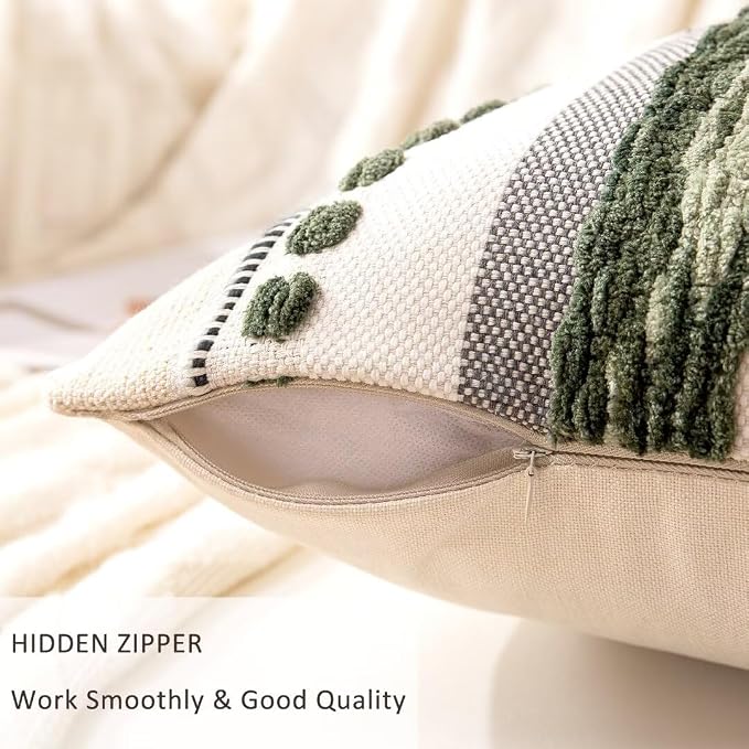 Boho Throw Pillow Covers Decorative Neutral Farmhouse Pillow case | 18x18 Set of 2 Cushion Case Striped Square Pillows Cover Couch Pillow Cases Accent Pillowcase for Sofa Bed,Dark Green