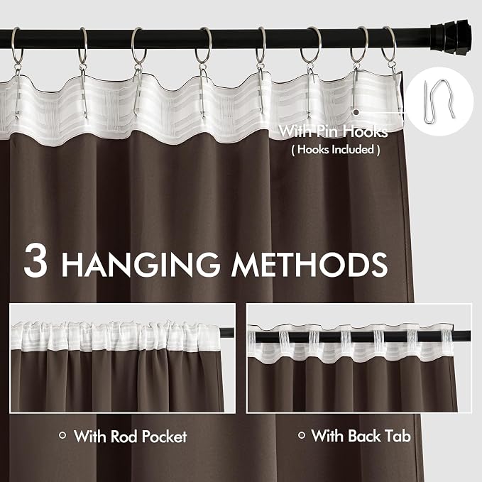 MIULEE Chocolate Brown Back Tab Blackout Curtains 52x108 Inch 2 Panels Set | Rod Pocket Pinch Pleated, Thermal Insulated, Bedroom Living Room Darkening Privacy Drapes, Extra Long Light Blocking Curtains
