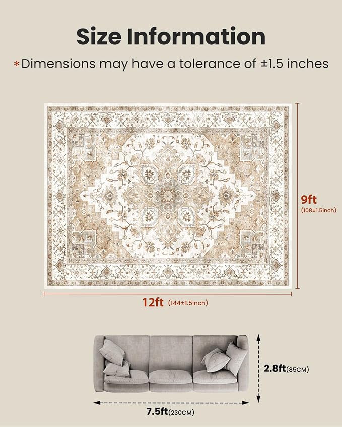AMADA HOMEFURNISHING 9x12 Area Rugs, Low-Profile Large Washable Area Rug with Non-Slip Backing & Durable Edge Binding, Vintage Rugs for Living Room, Bedroom & Dinning Room