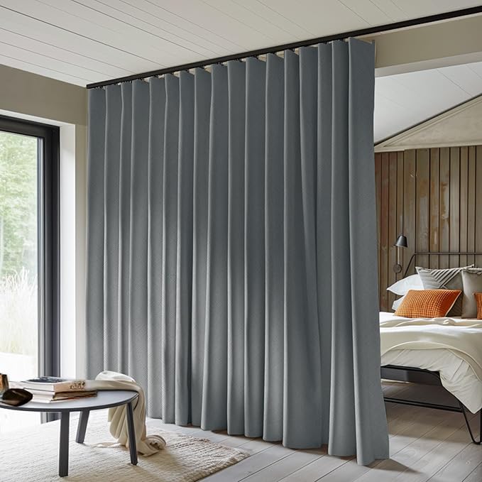 MaKefeile Room Divider Curtains Total Blackout Privacy Curtain Panel Room Thermal Insulated Noise Reduction Curtains for Bedroom Window Living Room Ceiling Track Curtain W 15 ft × H 8 ft Dark-Grey