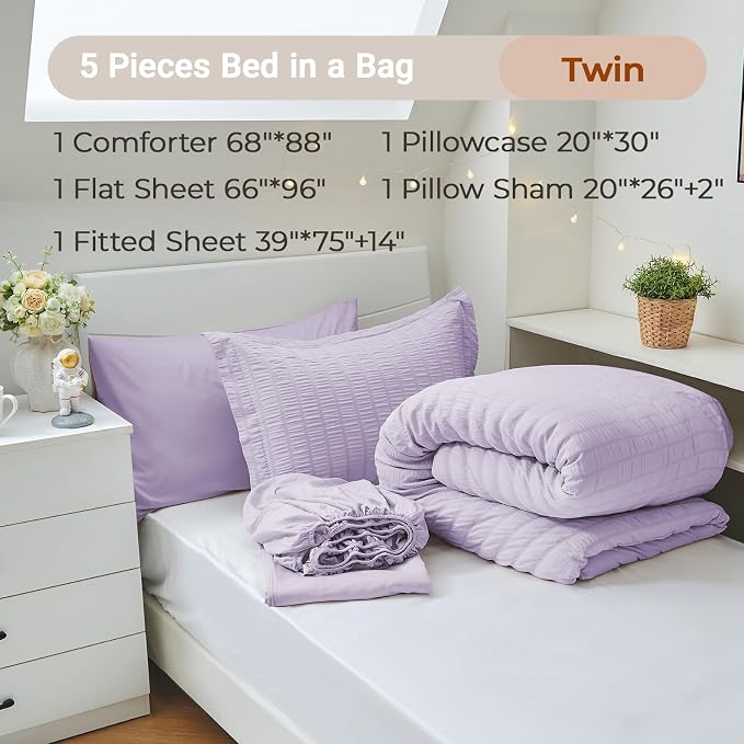 5 Pieces Twin Comforter Set, Seersucker Bed in a Bag Twin Size, All Season Luxury Bedding Set with Comforter, Flat Sheet, Fitted Sheet, Pillowcase & Sham, Lavender