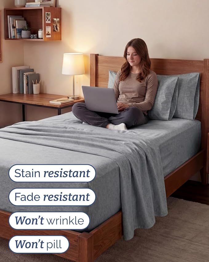 Extra Deep Twin XL Sheet Set - 4 Piece College Dorm Room - Heathered Grey | College Dorm Room Essentials, Easy & Secure Fit, Ultra-Soft, Wrinkle & Fade Free, Comfy Sheets Set with Extra Deep Pockets
