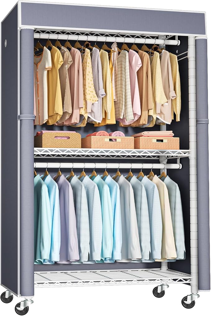 FUTASSI White Clothing Rack with Grey Cover, P1C Rolling Closets | Metal Garment Rack for Hanging Clothes, Clothing Storage Wardrobe, with Wheels