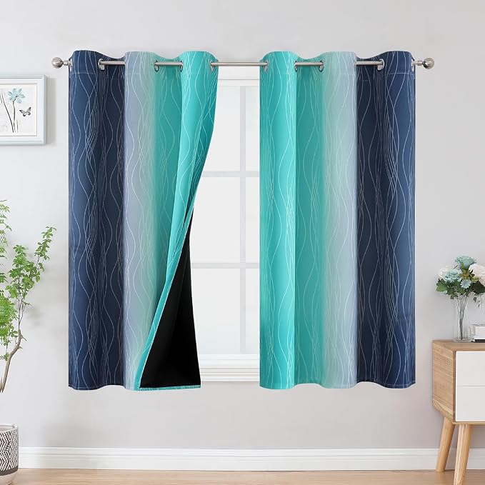 Navy Blue and Teal Gradient Blackout Curtains for Bedroom 45 Inches Long | Estelar Textiler Ombre Curtains for Bathroom,Room Darkening,Thermal Insulated,Light Blocking Grommet Drapes,42Wx45L,2 Panels