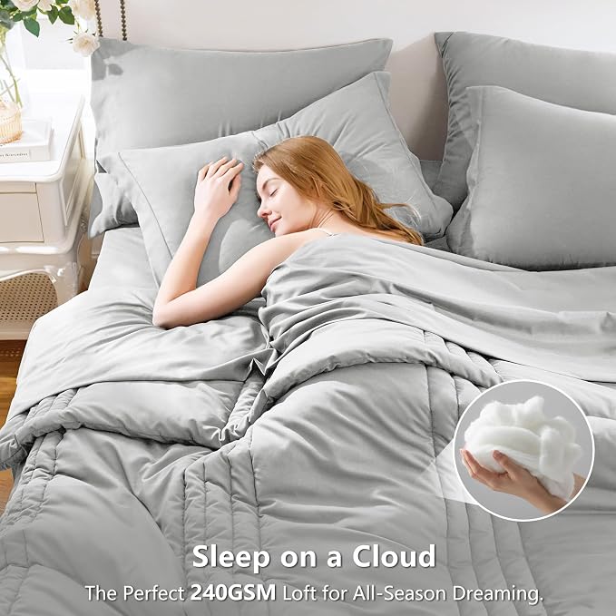 King Size Comforter Set Light Grey- 7 Pieces Bed in a Bag | OEKO-TEX Certified, 240GSM Down-Alternative Comforter, 14" Deep-Pocket Sheets, Shams & Pillowcases, Lightweight