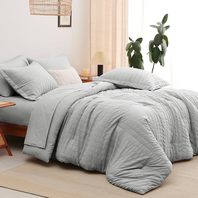 Oversized Queen Seersucker Comforter Set, Light Grey, 98 x 98 in | OEKO-TEX Certified, 7 Pieces Bed in a Bag with 240 GSM Down Alternative Comforter, Flat & Fitted Sheets, Pillowcases & Shams