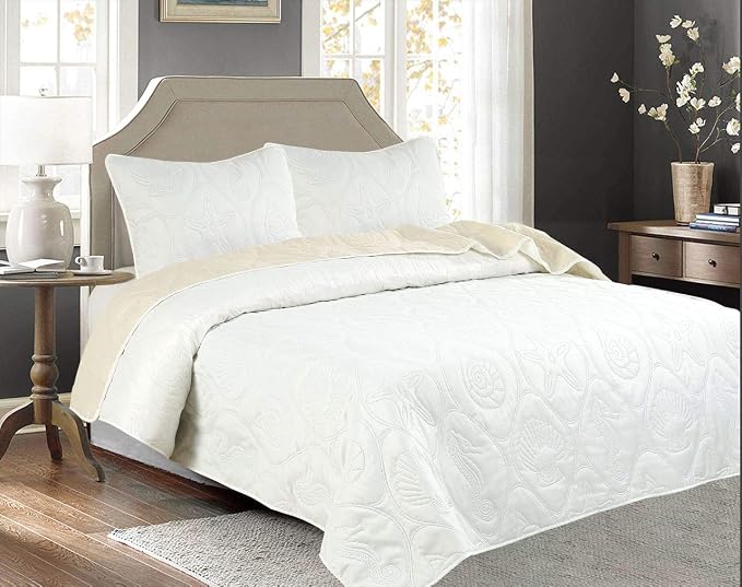Legacy Decor 3 Pcs Shell & Seahorse Coverlet, Ivory & White, King Size | Reversible, All Season, Coverlet Oversize, Ivory & White Color, King Size, Shell & Seahorse Pattern, 3 PCS Set