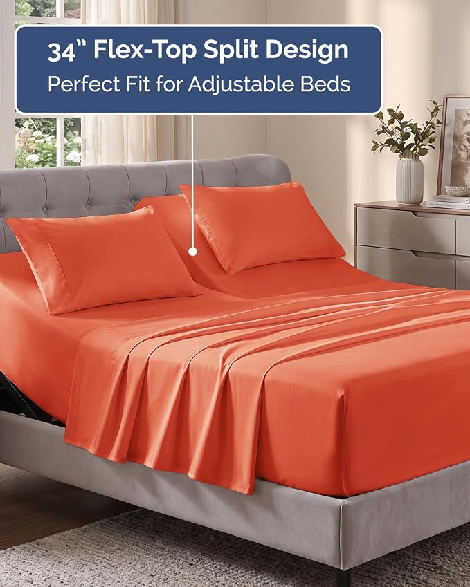 Flex Top Split Head King Sheet Set - 4 Piece Extra Deep Sheets - Coral | Easily Fits 18 to 24 inch Mattress, Ultra Soft, Wrinkle & Fade Free with Extra Deep Pockets, Comfy Hotel Luxury Bedding