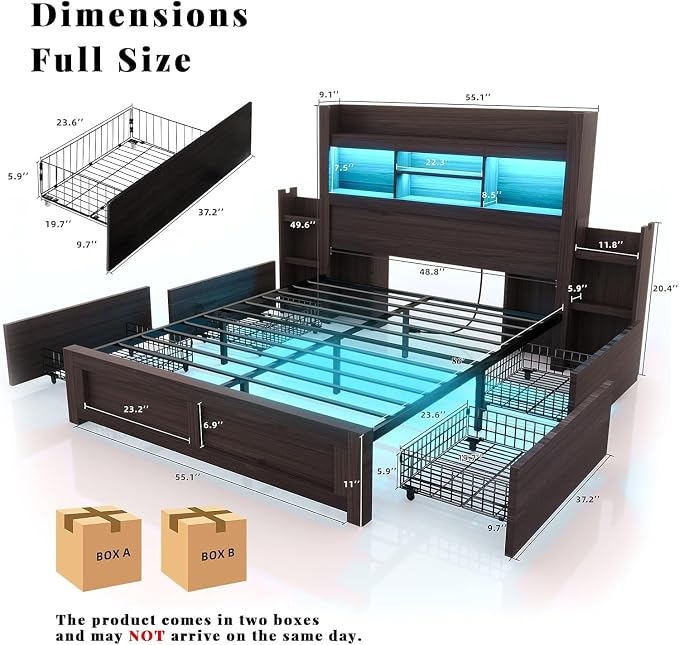 LUXOAK Full Bed Frame with Storage, Bookcase Headboard, Black | 49.6" Headboard, Wood Platform Bed, Charging Station, Bedside Storage, 4 Storage Drawers, No Box Spring Needed, Farmhouse