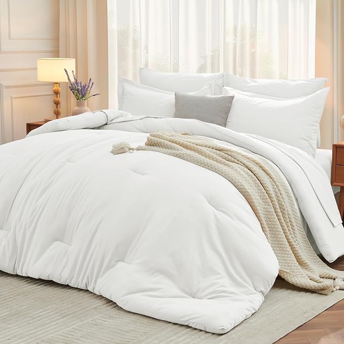 7 Pieces California King Comforter Set, Soft Bed in a Bag Cal King Size, All Season Bedding Set with Comforter, Flat Sheet, Fitted Sheet, Pillowcases & Shams, White