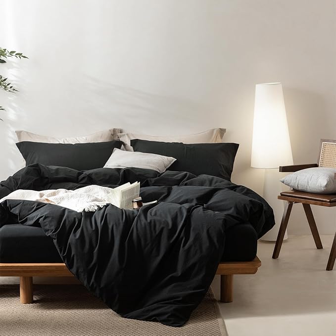 BDEAR 3Pcs Black Duvet Cover Set Super Queen Size 98" L x 90" W,Oeko TEX | 100% Washed Cotton, 1 Duvet Cover with 2 Pillowcases, Zipper Closure, 8 Corner Ties,Linen-Liked Texture, Skin Friendly