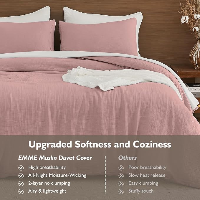 EMME Muslin Cotton Duvet Cover Set King Size Linen Like Soft Breathable Lightweight Summer Comforter Cover Set with Zipper Closure (King, 104"x90")