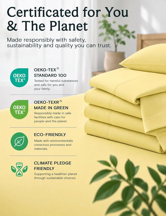 LuxClub Queen Size Sheet Set, Cooling & Soft Deep Pocket Bed Sheets, 4PC | LuxClub Silky Fitted Sheet & Pillowcase Sets, Breathable Hotel Luxury Bedding for Mattress Wrinkle Free, Lemon