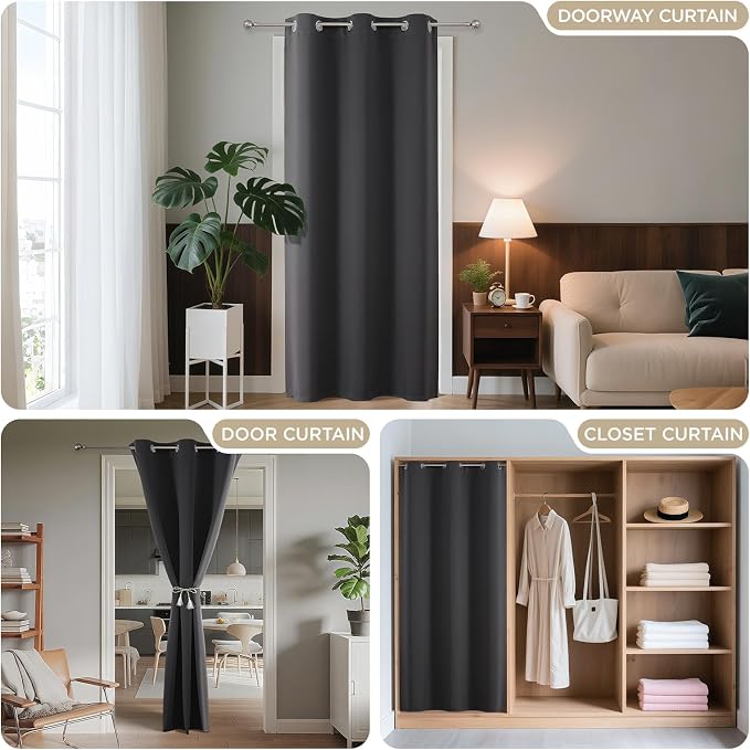 Joydeco Door Curtain Blackout Curtains for Doorway Privacy Closet Drapes | Room Divider Curtains for Bedroom Living Room, Sliding Door Curtains for Open Closet (Grey, 32Wx80L, 1 Panel)