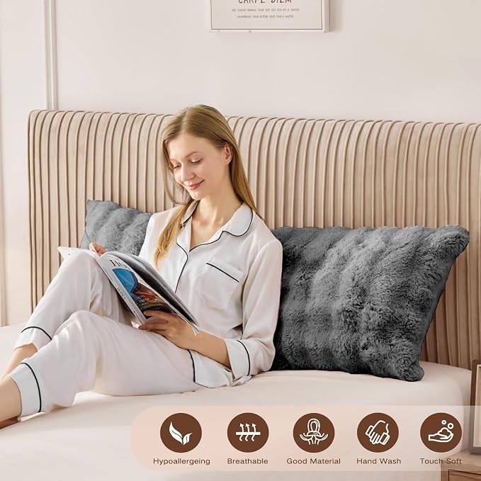 YZ HOME Faux Fur Fluffy Body Pillow for Adults, Soft Support | Firm Body Pillow, Adjustable Support for Side Sleeping, Pregnant Women, Washable cover,Gifts, 20x54 Inch (Grey)