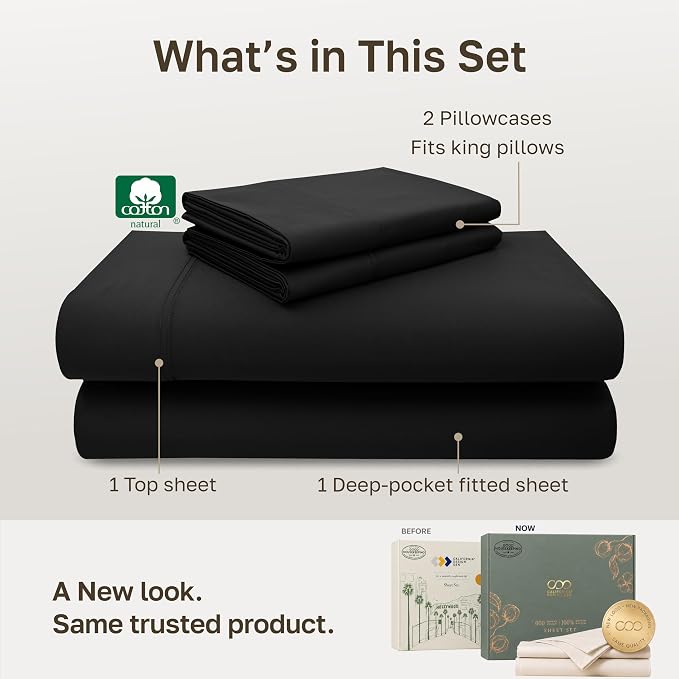 California Design Den Luxury 600 Thread Count King Size Bed Sheets, Black | 100% Cotton Sateen Backed by Good Housekeeping Seal, Soft & Smooth, 16" Deep Pocket, All-Around Elastic, Easy Care, 4 Pc Set