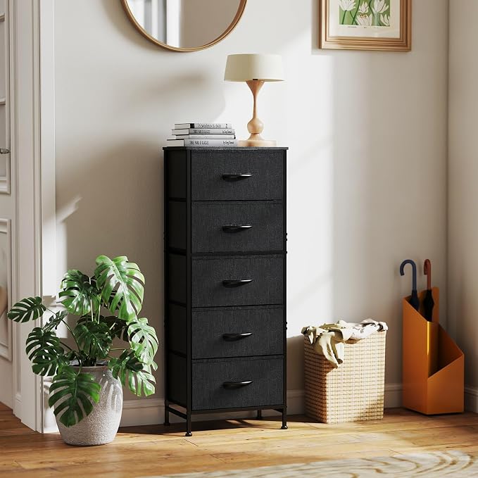 DUMOS Nightstand with 5 Drawers, Bedside Table with Removable Fabric Bins, Sturdy Steel Frame Wood Top Skinny Dresser for Bedroom Closet Living Room, Black