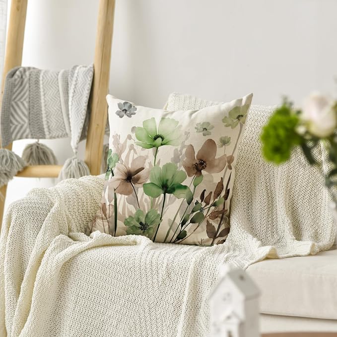 AVOIN colorlife Poppy Flowers Fall Spring Throw Pillow Cover 18x18 Inch | Chinoiserie Sage Green Brown Seasonal Leaves Cushion Case Decoration for Sofa Couch Farmhouse