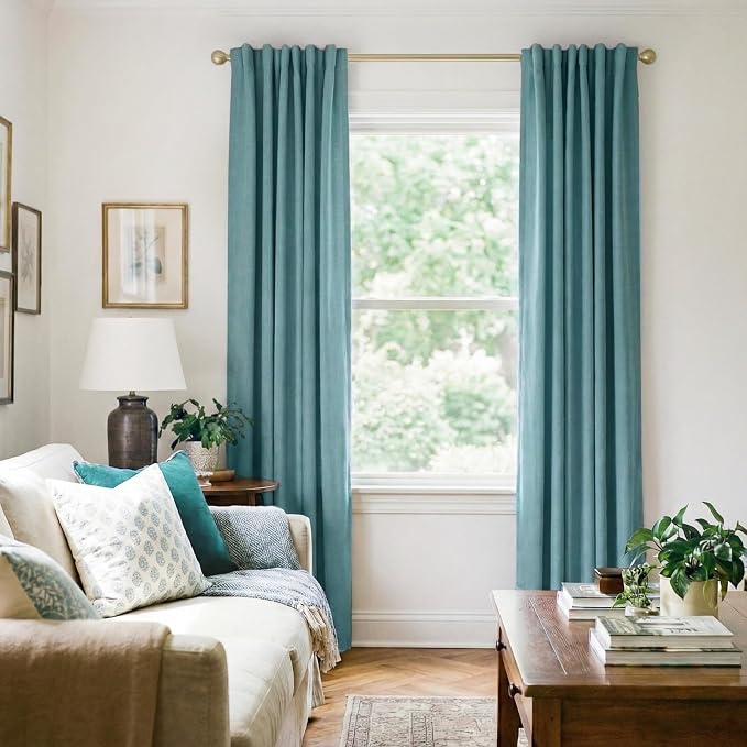 INOVADAY 100% Blackout Linen Curtains for Bedroom 50x96 Inches Teal | Linen Textured, Light Blocking, Room Darkening, Thermal Insulated, Back Tab Top, Window Curtains for Living Room, 2 Panels