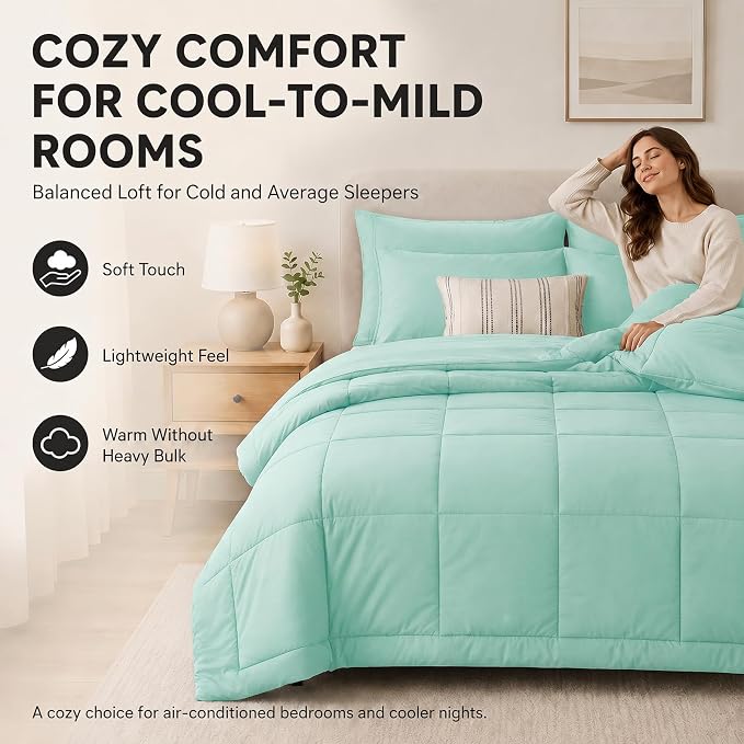Full Size Comforter Sets Mint Green - 7 Pieces Bed in a Bag | OEKO-TEX Certified, All-Season, Bedroom, Guest Room, Down-Alternative Comforter + Flat & Fitted Sheets + 4 Pillowcases