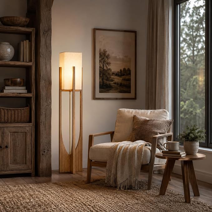 Farmhouse Style Floor Lamp,57 Inch,for Living Room | Natural Wood Frame,Linen Lampshade,Soft Ambient Glow,3000K Warm Light,Suit for Couch Bedroom,Boho Decor