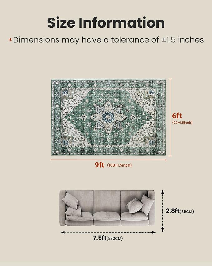 AMADA HOMEFURNISHING 6x9 Area Rug, Washable Low-Profile Large Area Rug with Non-Slip Backing & Durable Edge Binding, Vintage Large Rugs for Living Room, Bedroom