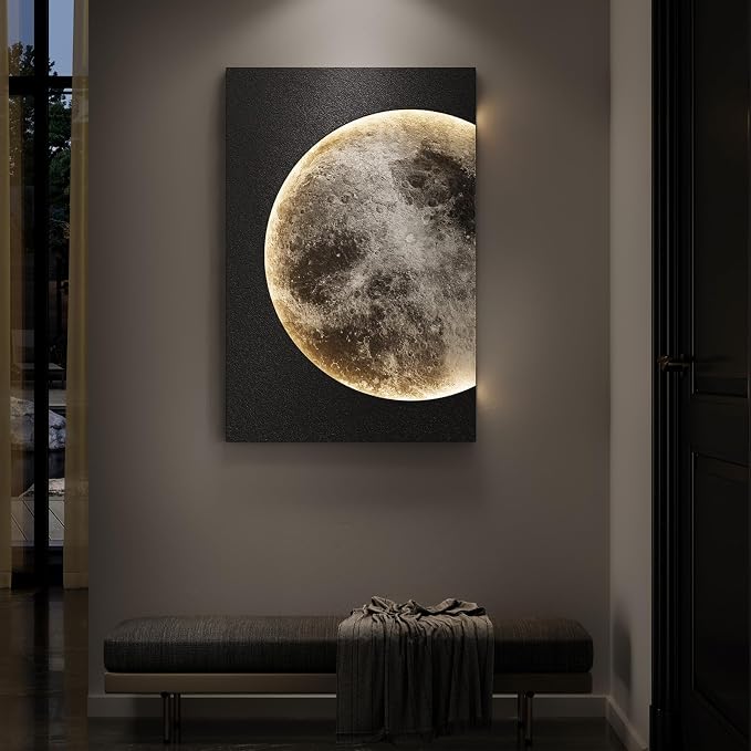 Cuspin Large 3D LED Moon Wall Art, 24x36 In (Black) | Modern minimalist style, Lighted lunar design, Standstone-like textured, For bedroom living room dining room hallway entryway