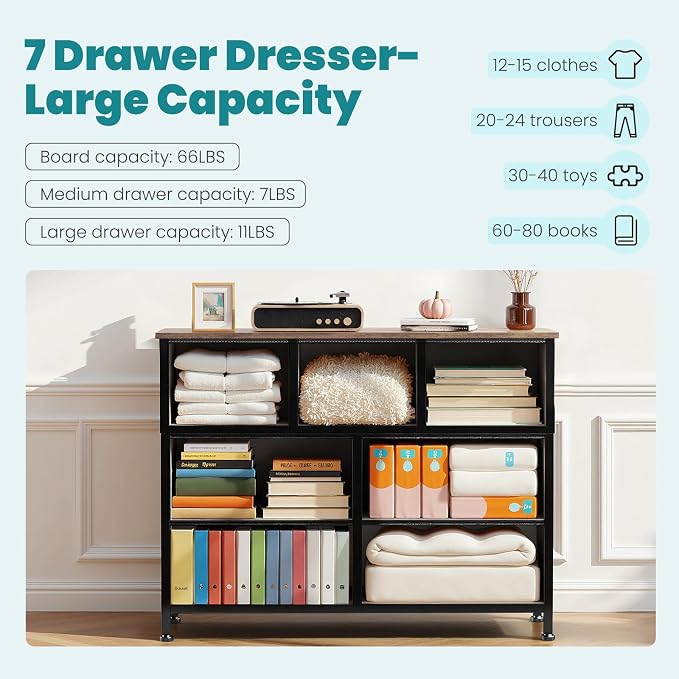 OLIXIS 7 Drawer Fabric Dresser, Storage Tower for Bedroom and Closet | Easy-Pull Bins for Closet Organizers, Chest of Drawers with Sturdy Steel Frame & Wooden Top for Living Room, Entryway, Floral