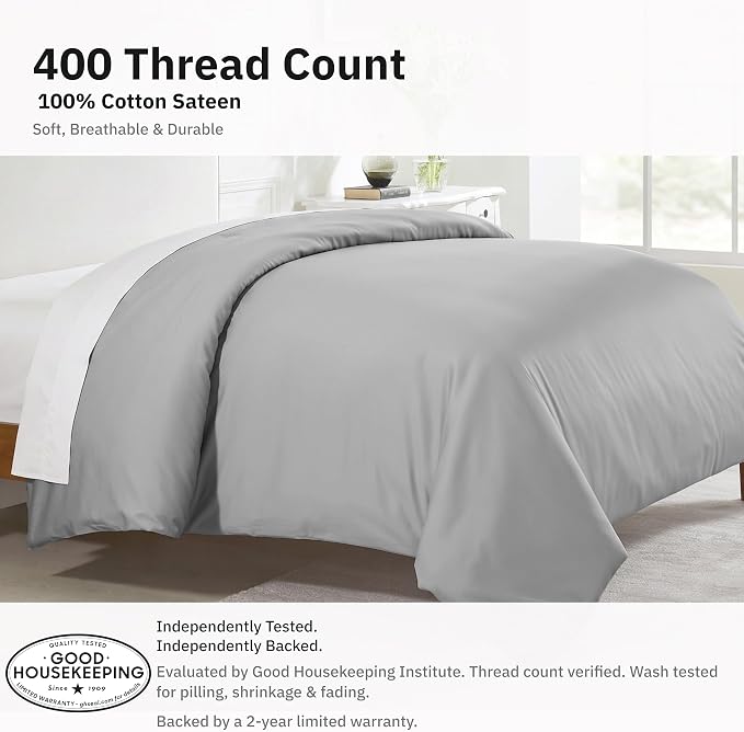 California Design Den 100% Cotton Sateen Full/Queen Duvet Cover, Light Grey | Duvet Cover Only, Comforter Not Included, Backed by Good Housekeeping Seal, Button Closure & Corner Ties