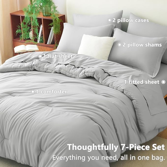 Queen Comforter Set Light Grey, 7 Pieces Bed in a Bag | OEKO-TEX Certified, All-Season, Bedroom, 240GSM Down Alternative Comforter, Flat & Fitted Sheets, 2 Pillowcases & 2 Shams