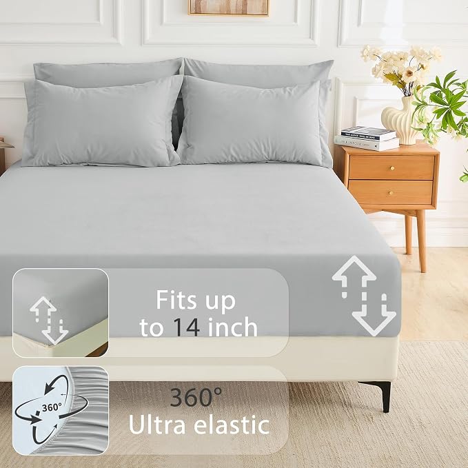 7 Pieces Queen Comforter Set, Soft Bed in a Bag Queen Size, All Season Bedding Set with Comforter, Flat Sheet, Fitted Sheet, Pillowcases & Shams, Light Grey