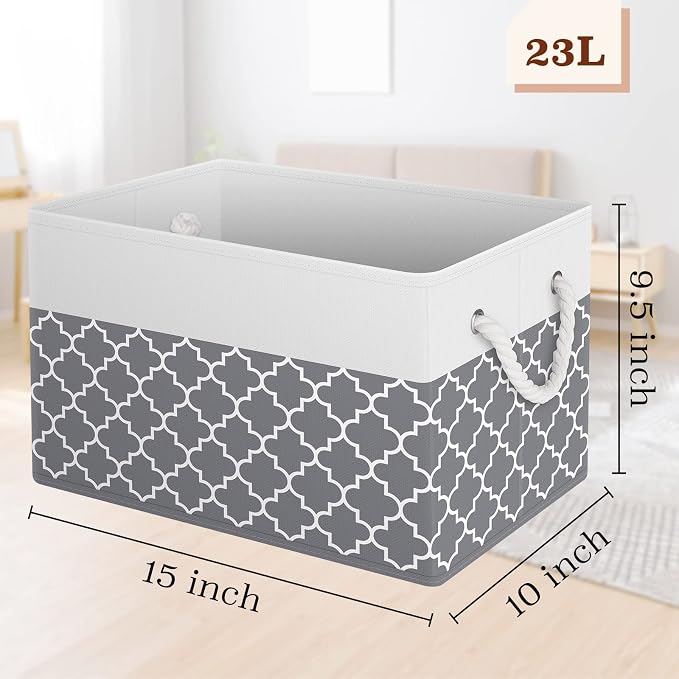 Storage Bins Foldable Storage Baskets with Rope Handles | 3-Pack Storage Bins for Organizing Toys, Books, Shelves, Closet, Large Storage Box Sturdy Organizer Bins, Clover Grey