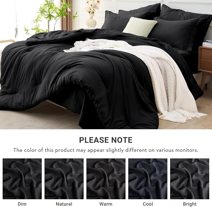 7 Pieces California King Comforter Set, Soft Bed in a Bag Cal King Size, All Season Bedding Set with Comforter, Flat Sheet, Fitted Sheet, Pillowcases & Shams, Black