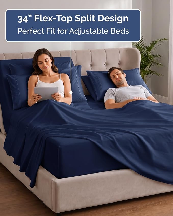 Extra Deep Flex Top Split Head King Sheet Set - 6 Piece Breathable and Cooling Sheets - Hotel Luxury Bedding for Women, Men, Kids & Teens - Easy Secure Fit - Extra Deep Pockets - Navy Blue