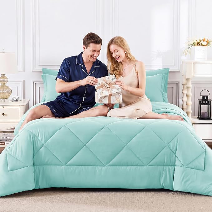 King Size Comforter Set Spa Blue - 7 Pieces Complete Bedding Set | OEKO-TEX Certified, All Season, 240GSM Down-Alternative Comforter, Sheets, Pillowcases & Shams, 14" Deep Pocket, Easy Care