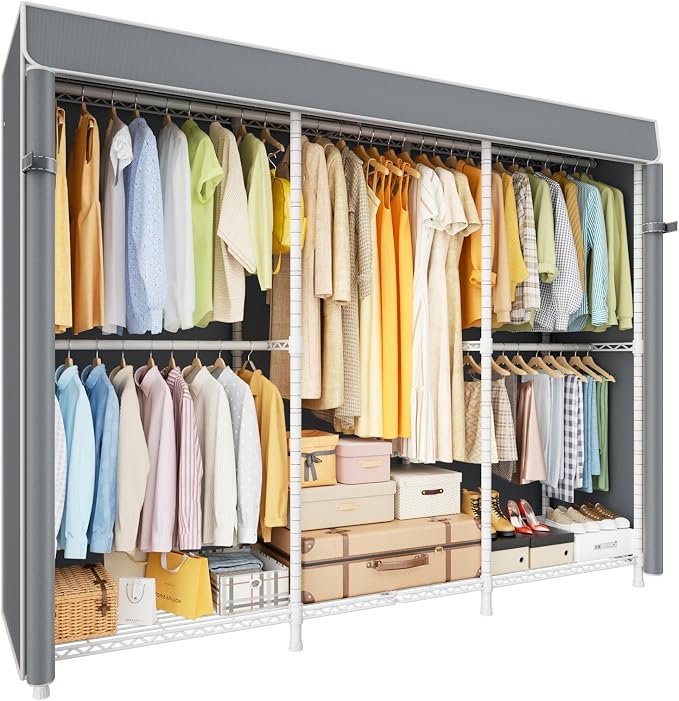 ULIFHOME E14C Pro Heavy Duty Closet Organizer System，Freestanding Clothing Racks for Hanging Clothes，Adjustable Garment Rack 69" W × 16" D × 77" H Hold 960 lbs，White Rack with Grey Dustproof Cover