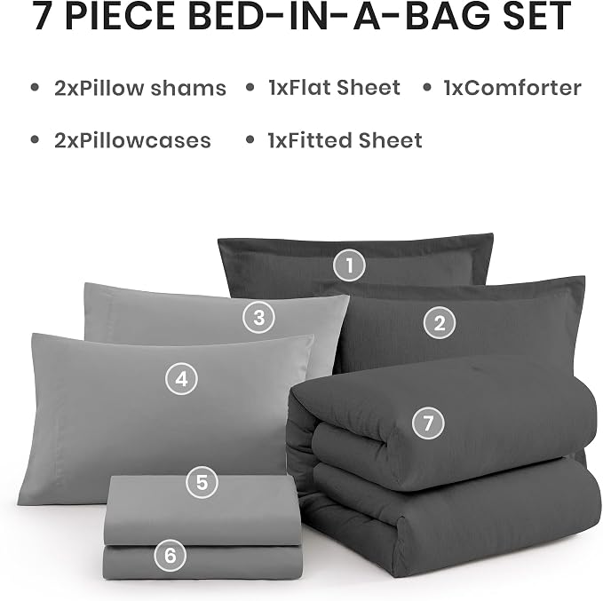 Monbix Full Size Comforter Set 7 Pieces Dark Grey Bed in a Bag | Cationic Dyeing Reversible All Season Bedding Sets with Comforter, Sheets, Pillowcases & Shams