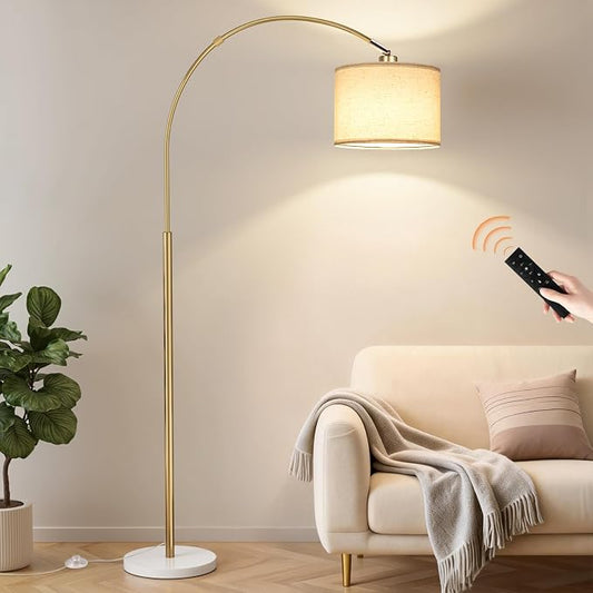 Dimmable Arc Floor Lamp with Remote, Color Temp Adjustable, Marble | Rotating Head, Foot Switch & Remote, Arched Floor Lamp for Living Room Bedroom, Over Couch Arched Light, Gold & Marble Base