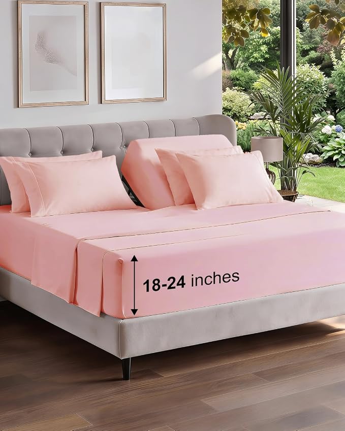 Extra Deep Flex Top Split Head King Sheet Set - 6 Piece Breathable and Cooling Sheets - Hotel Luxury Bedding for Women, Men, Kids & Teens - Easy Secure Fit - Extra Deep Pockets - Baby Pink