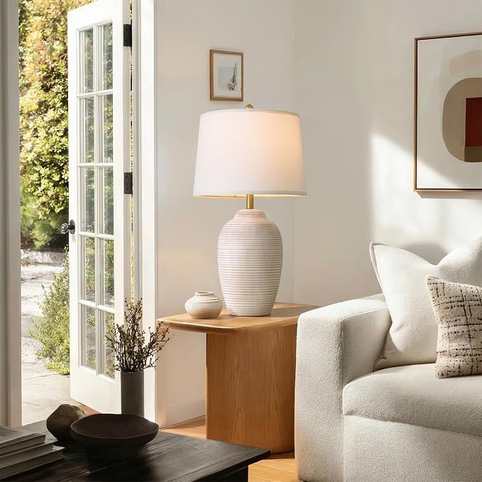 USumkky 29.5" Tall Vintage Ceramic Table Lamp with 5FT Cord - Single Large Rustic Farmhouse Bedside Lamp with Linen Shade & Natural Textured Finish, Nightstand Table Lamp for Bedroom End Table, Beige