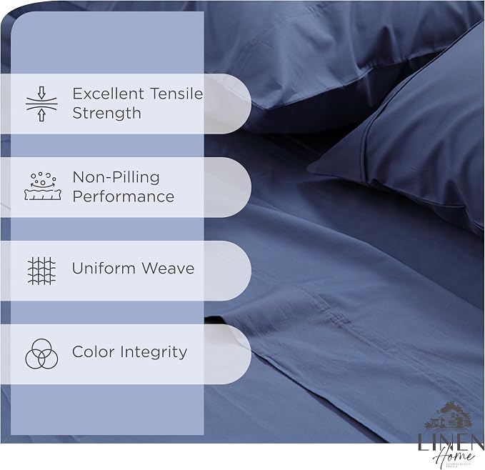 Linen Home 6 Piece Full Cotton Sheet Set, 100% Cotton Percale, 4 Pillowcases, Deep Pocket with All Around Elastic Sheet, Crisp Breathable Bedding, Hotel Luxury, Long-Staple Combed Cotton, Dark Blue