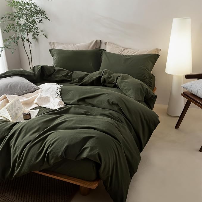 BDEAR 3Pcs Olive Green Duvet Cover Set Oversized Queen Size 98" L x 98" W | 100% Washed Cotton, 1 Duvet Cover with 2 Pillowcases, Zipper Closure, OEKO TEX Standard,8 Corner Ties,Linen-Liked Texture