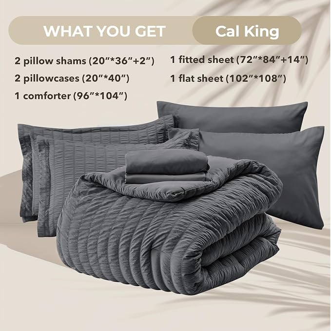 HYMOKEGE California King Comforter Set Seersucker 7 Pieces, All Season Luxury Bed in a Bag for Bedroom, Bedding Set with Comforters, Sheets, Pillowcases & Shams, Dark Grey
