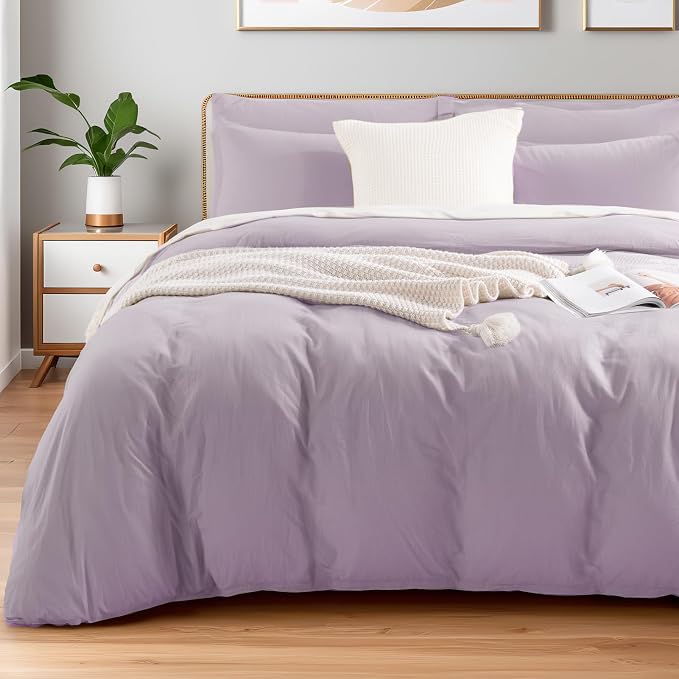 NEXHOME PRO Duvet Cover Set 100% Washed Cotton Oversized Queen 98"x98", Organic Natural Linen Look Textured 3 Pieces Bedding Set Lavender Lilac with Zipper Closure, Breathable, Soft (No Comforter)
