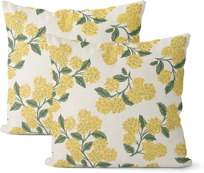 Mustard Yellow Summer Outdoor Pillow Covers 18x18 Inch 2 Pcs Green Hydrangea Flower Decor Throw Pillows Spring Seasonal Vintage Floral Decoration Pillowcase Linen Cushion Cover for Couch Sofa