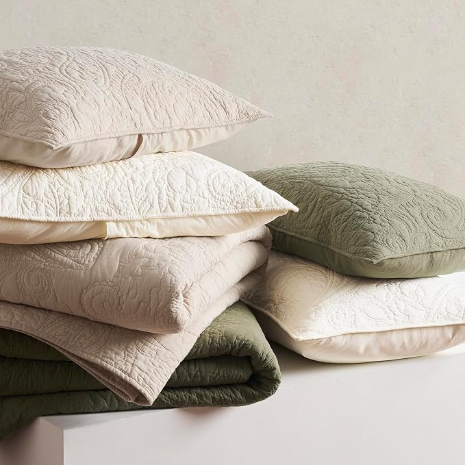 EVERGRACEHOME 100% Cotton Paisley Quilt Set, Queen Size, Flax Beige | Prewashed for Softness, Year-Round Breathability, Gift-Ready Box, Matelasse-style Quilted Coverlet, 3 Piece Set with 2 Shams