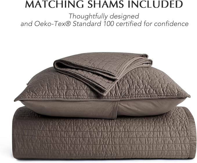 EVERGRACEHOME Cotton Sateen Quilt Set, Queen Size, Mocha Brown | 100% Cotton, Channel Stitch Coverlet Bedspread, Pre-Washed Lightweight Soft Bedding Set for All Season, 3 Piece, with 2 Shams