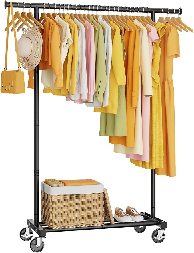 HYSEYY Clothes Rack, Clothing Rack for Hanging Clothes, Rolling Garment Rack Sturdy Coat Rack Portable Wardrobe Rack Metal Closet Rack for Bedroom Laundry Living Room, Black