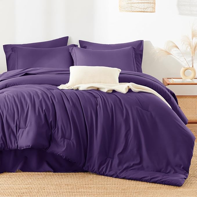 HIMEET King Comforter Set, 7-Piece Point-Quilted Bed in a Bag, Purple | OEKO-TEX Certified, Lightweight 240 GSM Comforter, Flat Sheet, 14-Inch Deep-Pocket Fitted Sheet, Pillowcases & Shams