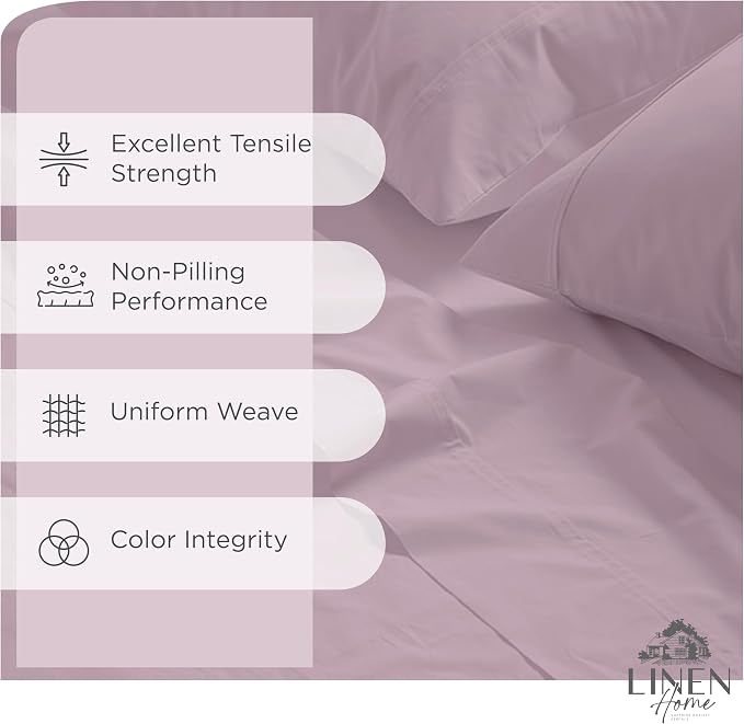 Linen Home 100% Cotton Percale Sheets Twin Size Pack of 2, Mauve Lavender, Deep Pocket, 6 Pieces Set- 2 Flat, 2 Fitted and 2 Pillowcases, Crisp Cool and Long Staple Strong Bed Linen